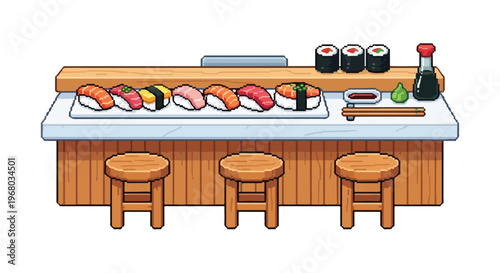 A detailed pixel art illustration of a sushi bar counter with various nigiri and maki, soy sauce, wasabi, chopsticks, and three wooden stools.