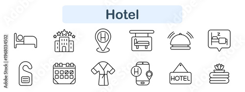 Hotel set icon. Bed sleep, building stars, location pin, elevator, bell service, sleep sign, door hanger, calendar, bathrobe, phone booking, hotel sign, spa stones. Hospitality service visuals