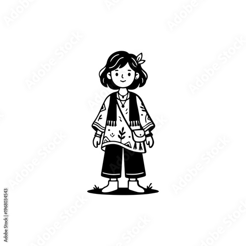 Young Girl Standing in Traditional Outfit.