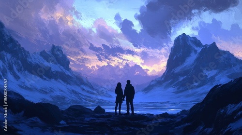 Silhouetted couple gazes at snowy mountain range sunset over frozen lake