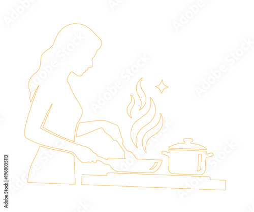 Minimalist line art woman cooking in kitchen, elegant gold outline of female chef preparing food with frying pan and pot, modern culinary vector illustration