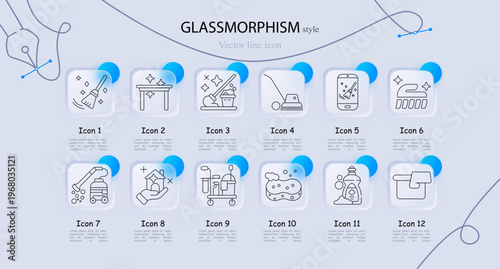 Cleaning service hygiene maintenance set icon. Line symbols with broom sweeping, table sparkle cleaning, bucket mop tools, vacuum cleaner, smartphone cleaning app, iron appliance