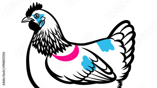 Stylized White Chicken with Blue and Pink Markings - Vector Illustration