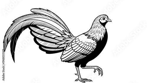 Vintage Rooster Illustration: Majestic Bird with Flowing Tail Feathers, Black and White Line Art
