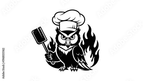 Fiery Chef Owl with Spatula, Mascot Logo, Cartoon Style