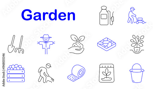 Garden tools set icon. Line style icons display pesticide bottle, lawn mower, shovel tool, scarecrow, plant sprout, paving tiles, potted plant, vegetable crate, raking person