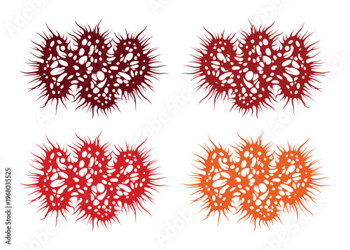 Microscopic bacteria cell vector set, organic virus pathogen icons in red and orange, biological microorganism illustrations for medical science