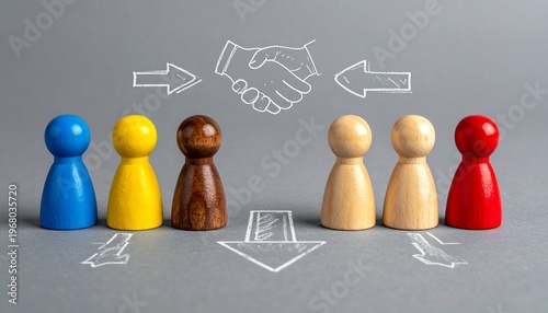 Wooden figurines with handshake symbol representing communication and agreement