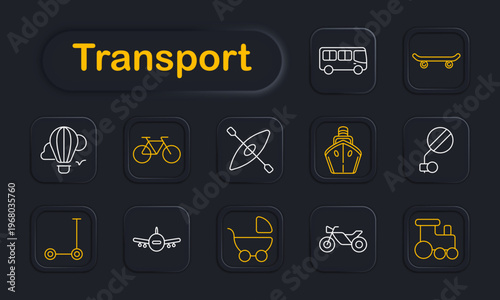 Transport set icon. Bus, skateboard, hot air balloon, bicycle, kayak paddle, ship front, antenna balloon, kick scooter, airplane, baby stroller, motorcycle, train engine symbols in outline neon style.