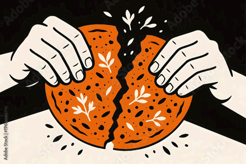 Flat vector illustration - hands tearing apart a bright orange manakish flatbread