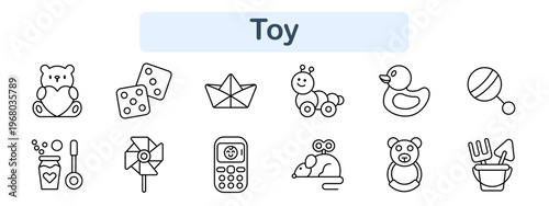 Toy set icon. Teddy, dice, paper boat, caterpillar, duck, rattle, bubbles, pinwheel, phone, mouse, bear, sandbox, childhood play, fun activity, kindergarten.
