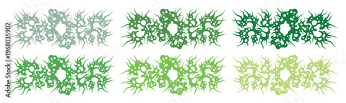 Cyberpunk death metal logo set, 6 green y2k aesthetic chrome shapes, gothic tribal streetwear graphics, edgy organic thorn vector elements