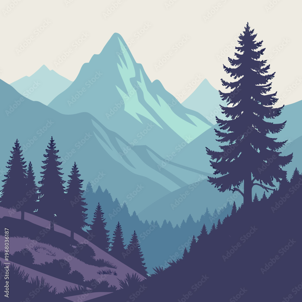 Fototapeta premium Layered mountain landscape with a lone, dark pine