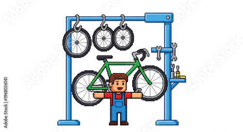 A smiling mechanic in blue overalls repairs a green bicycle in a pixel art style workshop with tools and spare wheels hanging in the background.