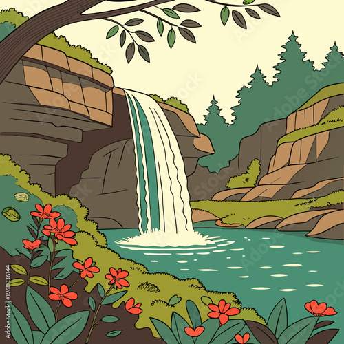 Waterfall in lush forest landscape with red flowers