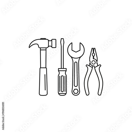 Set of Hand Tools Including Hammer Screwdriver Wrench and Pliers for Repairs