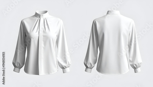 Front and back view of a white women's blouse with a high collar, long sleeves, and gathered detailing