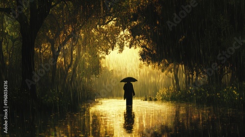 Silhouetted figure walks flooded path in rain forest