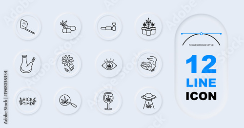 Cannabis consumption set icon. Line style icons display smoking joint, leaf pills, pipe device, plant pots, bong flask, flower, eye leaf, lips smoke, high time text, magnifier leaf, wine glass