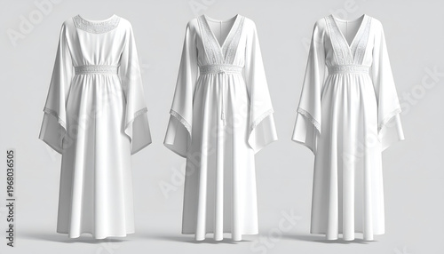 Three flowing white dresses with long sleeves and detailed bodices, set against a grey background