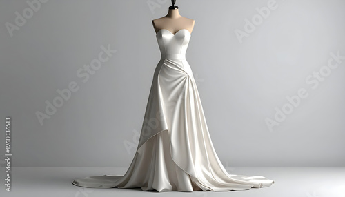 A strapless, flowing, ivory wedding gown is displayed on a mannequin in a studio setting