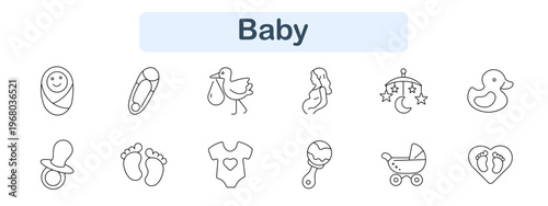 Baby set icon. Swaddled baby, safety pin, stork, pregnant woman, crib mobile, rubber duck, pacifier, footprints, bodysuit, rattle, stroller, heart feet. Infant life visuals