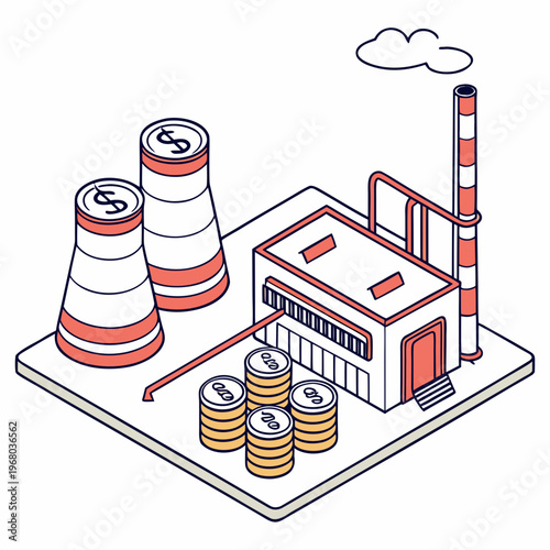 An isometric illustration depicts an industrial complex with smokestacks barrels and cylindrical containers alongside clouds high quality professional detailed modern