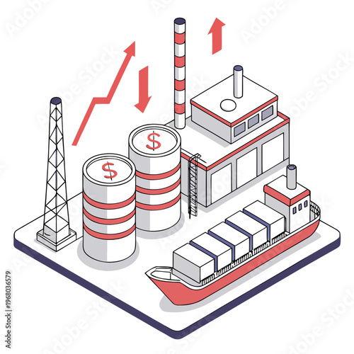 An isometric illustration depicts an industrial complex with oil rigs storage tanks and shipping containers symbolizing economic growth high quality