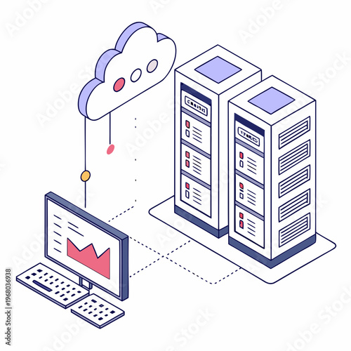 An illustrative depiction showcases cloud computing connectivity with servers a laptop and data transfer highlighting modern technology high quality professional