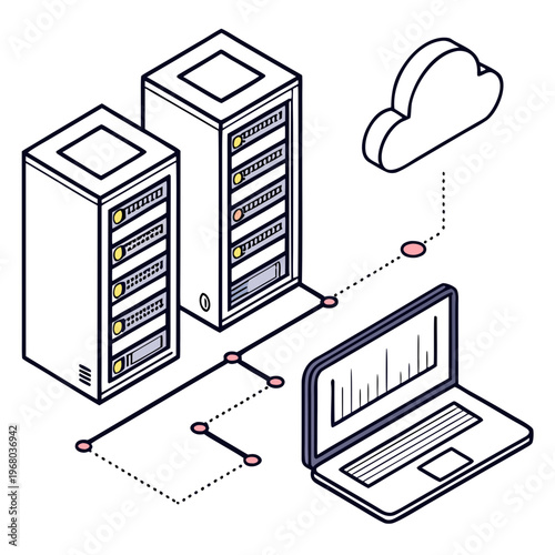 An isometric illustration depicts server racks a laptop and a cloud showcasing data connection and network infrastructure concepts high quality