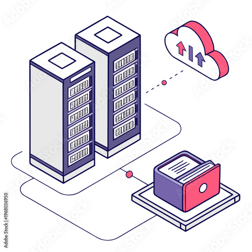 An isometric illustration depicts data servers cloud storage and a file cabinet showcasing data management and connectivity high quality professional