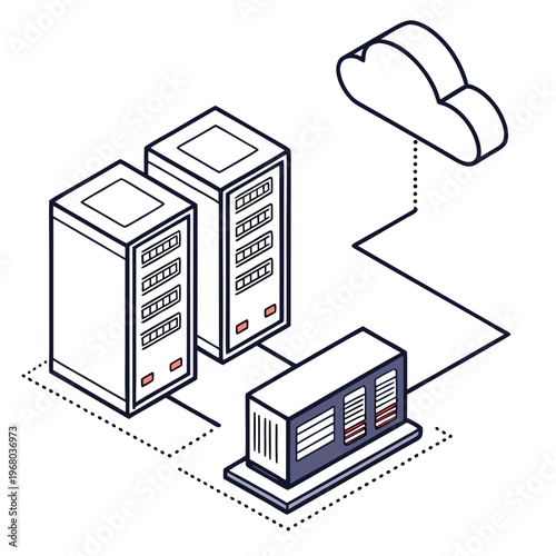 An isometric illustration depicts data servers connected to a cloud representing network infrastructure and data transmission concepts high quality professional