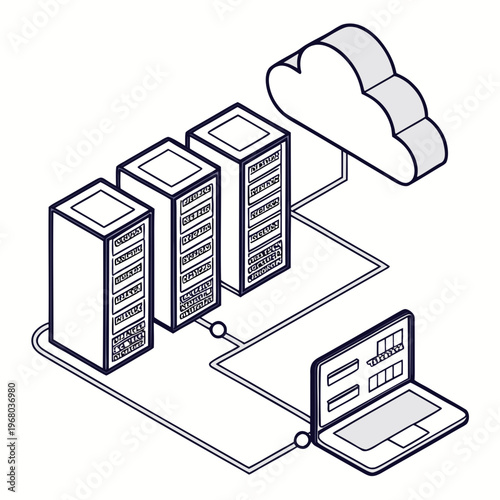 An isometric illustration depicts data servers connected to a cloud and a laptop representing network infrastructure high quality professional detailed