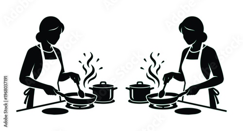 Black silhouette of woman cooking in kitchen, female chef preparing food with pan and pot, culinary vector illustration for restaurant logo