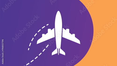 Airplane flying through the sky with a dotted line trail a blue and orange