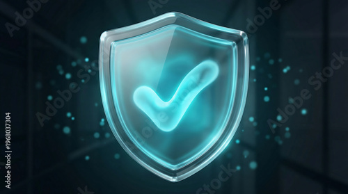 3D glowing shield icon with a checkmark, signifying approval or protection