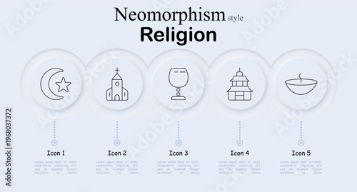 Religion spirituality set icon. Crescent star, church building, communion chalice, temple pagoda, incense bowl, faith tradition, worship place, prayer ritual, spiritual culture, belief symbols