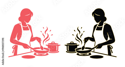 Minimalist female chef silhouette vector, woman cooking in kitchen with frying pan and pot, professional cook preparing food icons in red and black