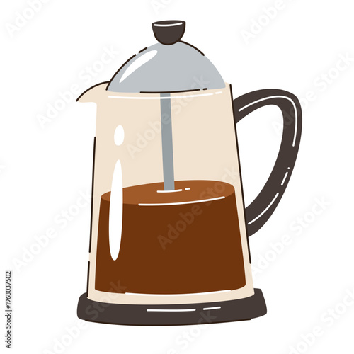 Cartoon hand-drawn style illustration of a French press coffee maker with selective outline detailing. Modern flat vector design with organic shapes and subtle contour accents. Perfect for cafe