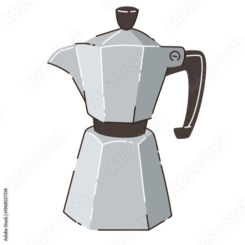 WebCartoon hand-drawn style illustration of a moka pot coffee maker with selective outline detailing. Flat vector design with organic shapes and subtle contour accents. Perfect for coffee culture visu