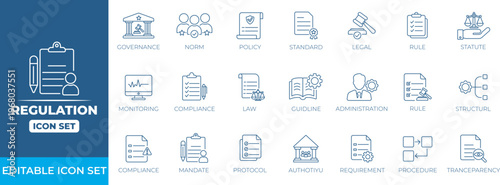 Regulation line icon set. Contain law, rule, policy, standard, guideline, compliance, agreement, and statute icon collection.