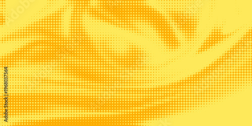 Yellow halftone pattern. Retro comic gradient background. Bright orange pixelated dotted texture overlay. Cartoon pop art faded gradient pattern. Vector backdrop for poster, banner, advertisement