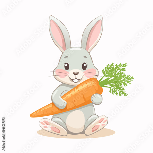 Adorable cartoon grey rabbit cheerfully holding a large fresh orange carrot, a sweet and charming illustration perfect for children's designs and spring themes
