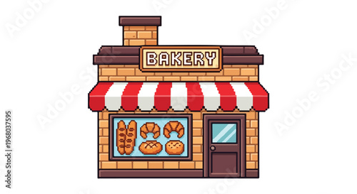 This charming pixel art illustration features a small brick bakery with a red and white striped awning and a window full of fresh bread.