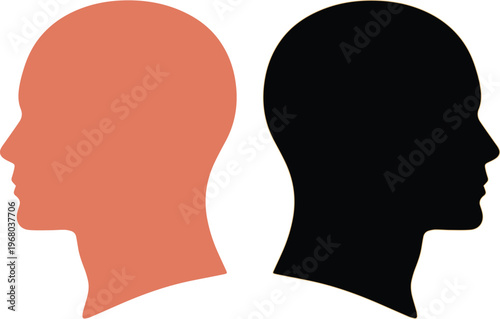 Human head silhouettes, two distinct profiles facing opposite directions, representing contrast, diversity, and opposing viewpoints, a minimalist vector graphic for conceptual design.