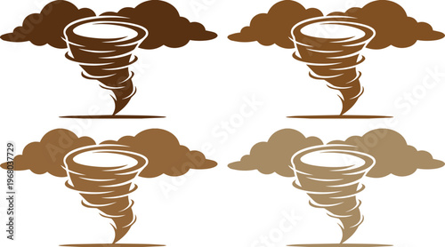 Powerful brown tornado vector set, four swirling hurricane storm icons, destructive weather phenomenon graphic elements, natural disaster illustration for news and alerts