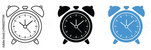 Retro alarm clock icon vector set, vintage timepiece symbols, wake up and deadline reminder icons, time management concept, clean vector design elements for mobile apps, office tools, and daily schedu