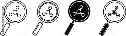 Four handheld magnifying glasses in black and white line art style