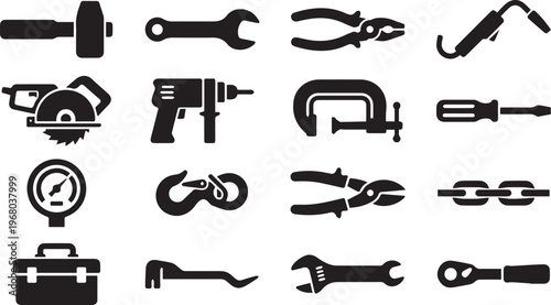 Professional Industrial Hand Tools and Mechanical Engineering Equipment Icon Set