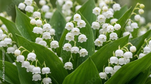 Lily of the Valley Flowers in Bloom Lily Of The Valley Flowers White Flowers Green Leaves Nature Botanical Floral. Concept featuring lily of the valley, flowers, white flowers, green leaves, nature...